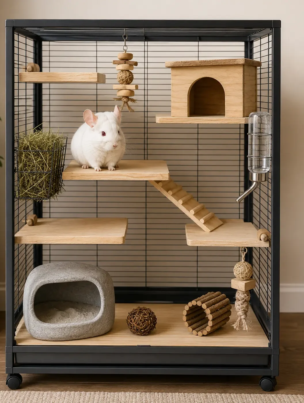 albino chinchilla cage setup with wooden ledges and hideout