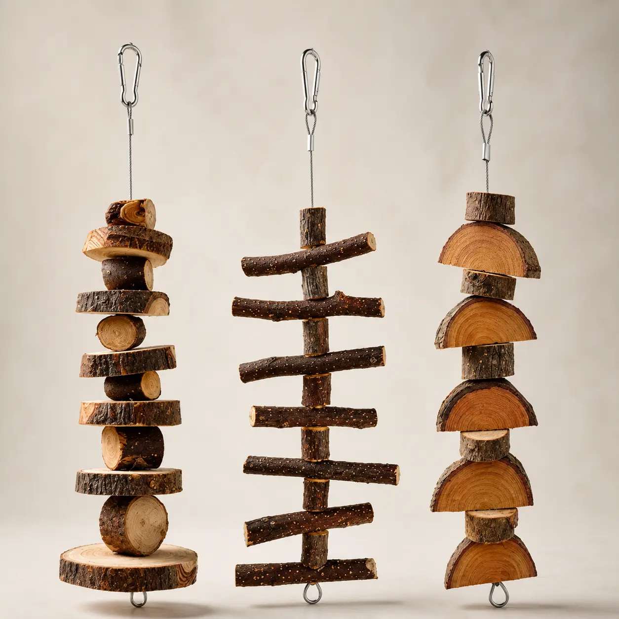 hanging lava and wood kabob chew toy in chinchilla cage